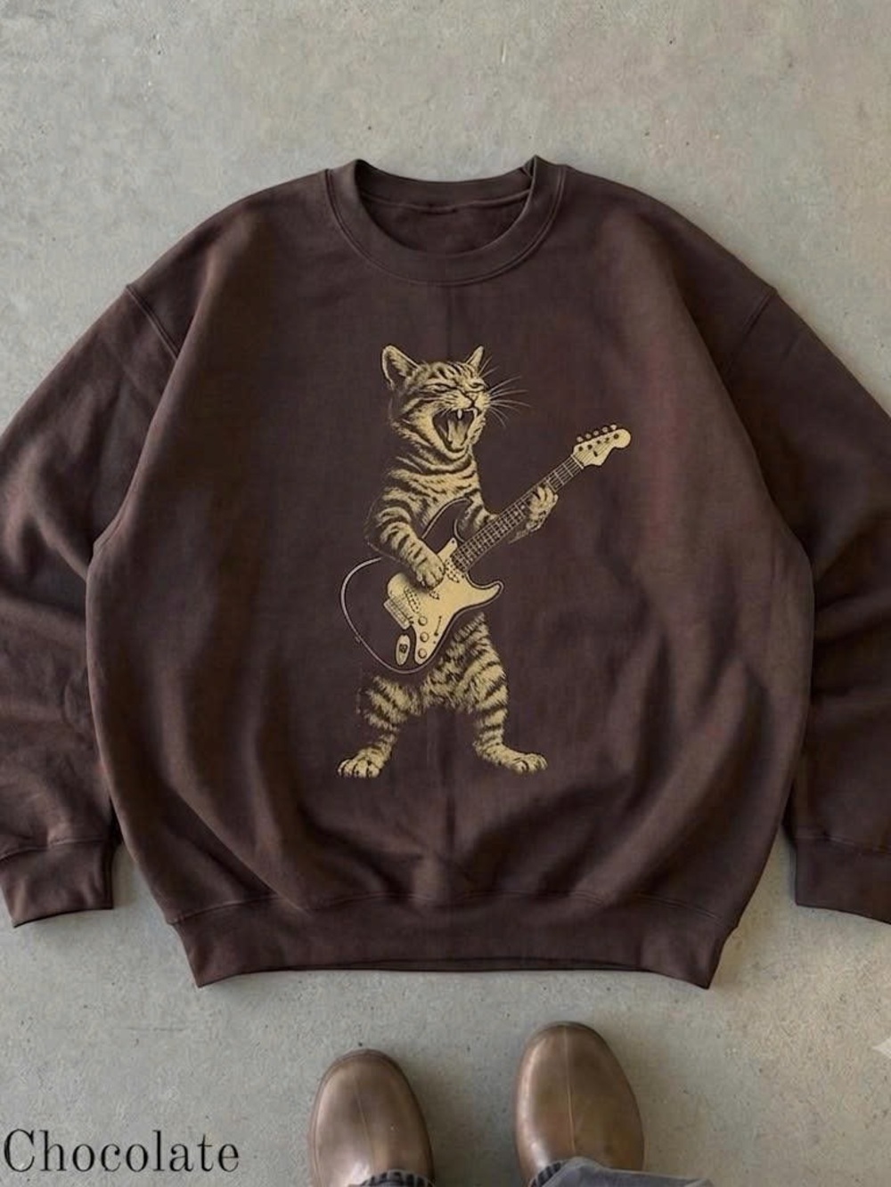 Chocolate Brown Sweatshirt with Gold Cat Guitar Graphic